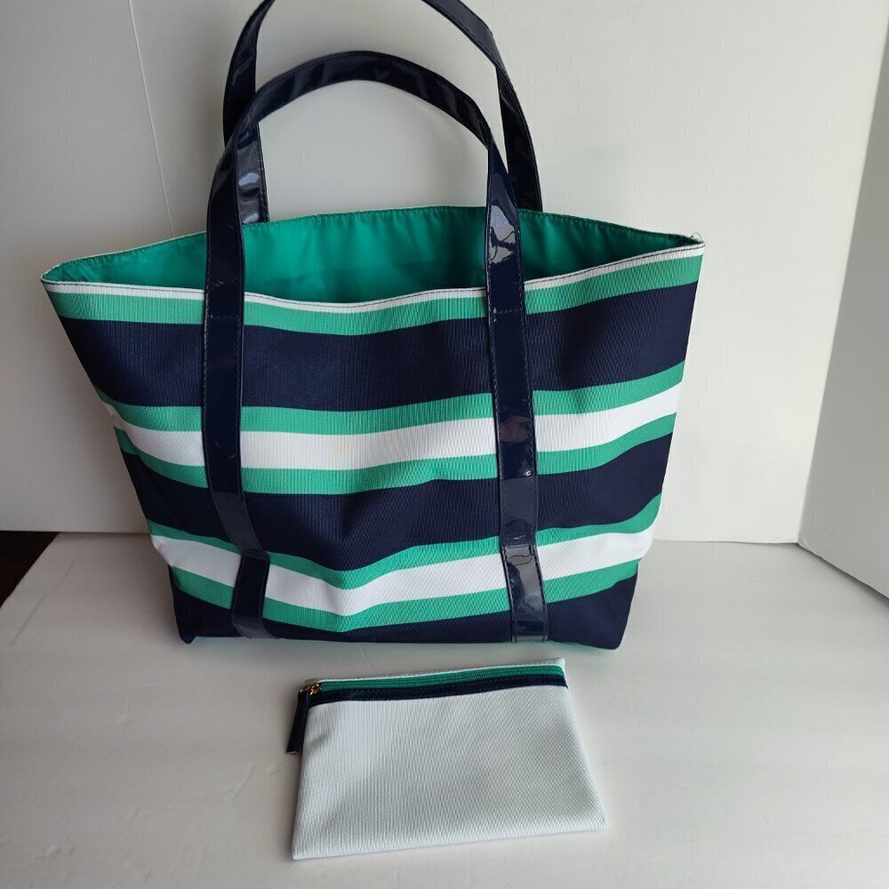 Estee Lauder Green/Navy Stripe Tote & Cosmetic Case